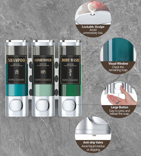 Image of Luxspire Shampoo and Conditioner Dispenser, Shower Soap Dispenser 3-Chamber | Lockable Large Capacity 900ml No-Drill Wall-Mounted Shampoo and Body Wash Dispenser for Bathroom Hotel Kitchen Airbnb