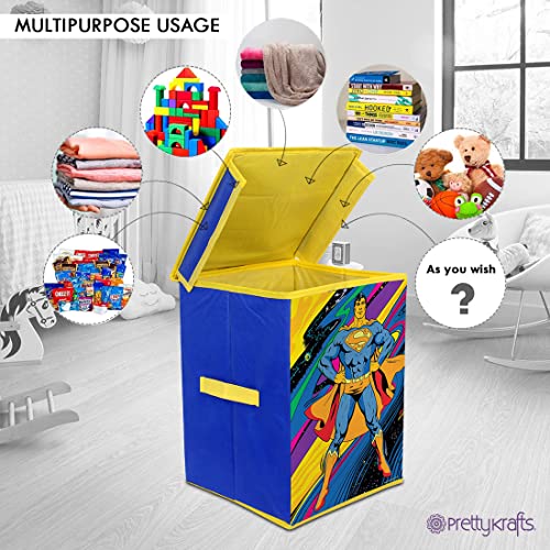 Image of Superman Rectangular Foldable Laundry Toy Organizer & Storage Box with Top Lid (Large, Blue) & PrettyKrafts Folding Laundry Basket for Clothes with Lid & Handle, Toys Organizer, 35 Liters, Blue