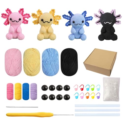 Milaflora 4Pack Axolotl Crochet Kit for Beginners Adults DIY Crochet Animal Kit with Step-by-Step Video Tutorials Crocheting Kits for Starters Beginner Crochet Kit for Adults