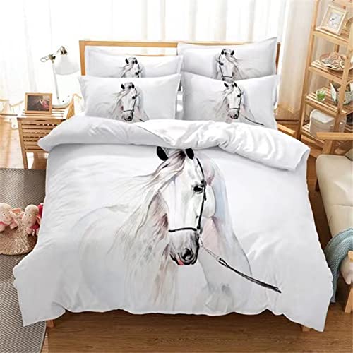 MIQEBX Housse de Couette Cheval 220x240cm Parure de lit 1 Personne avec Fermeture éclair 3D Animaux Cheval Blanc Housse de Couette avec 2 Taies d'oreiller 50x75cm,100% Microfibre