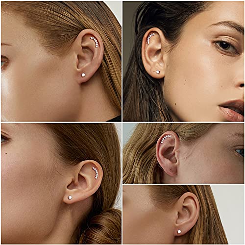 Sllaiss 2 Pairs Sterling Silver CZ Cartilage Stud Earrings Set for Women White Gold Plated Climber Helix Conch Daith Piercing with Screw Back (Silver)3