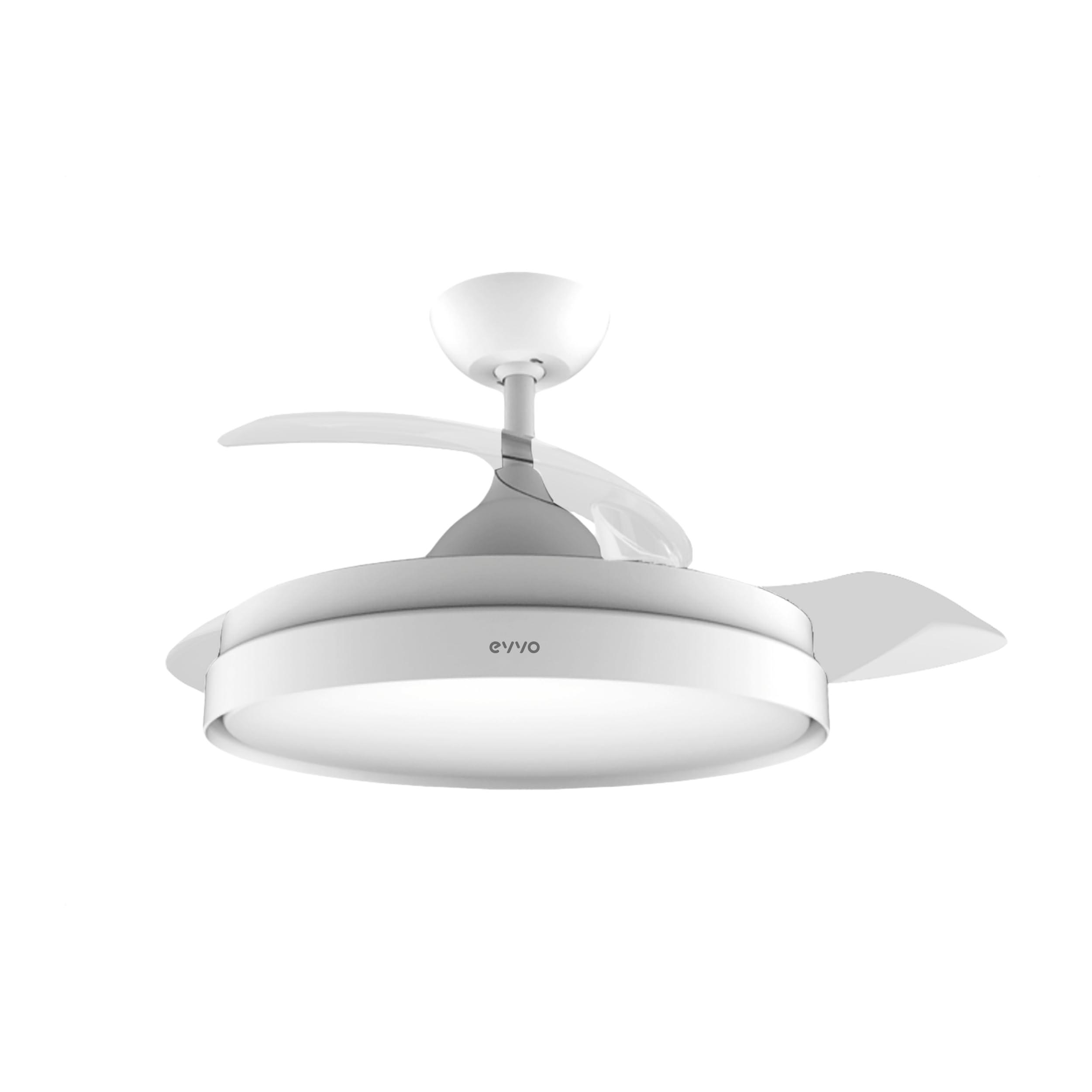 EVVO Ventilador de Techo con Aspas Rectráctiles y Luz, Ø107cm, 3 Aspas, Motor DC 40W, 6 Velocidades, Temporizador hasta 4h, Función Invierno-Verano (Modelo: V450 Invisible White)