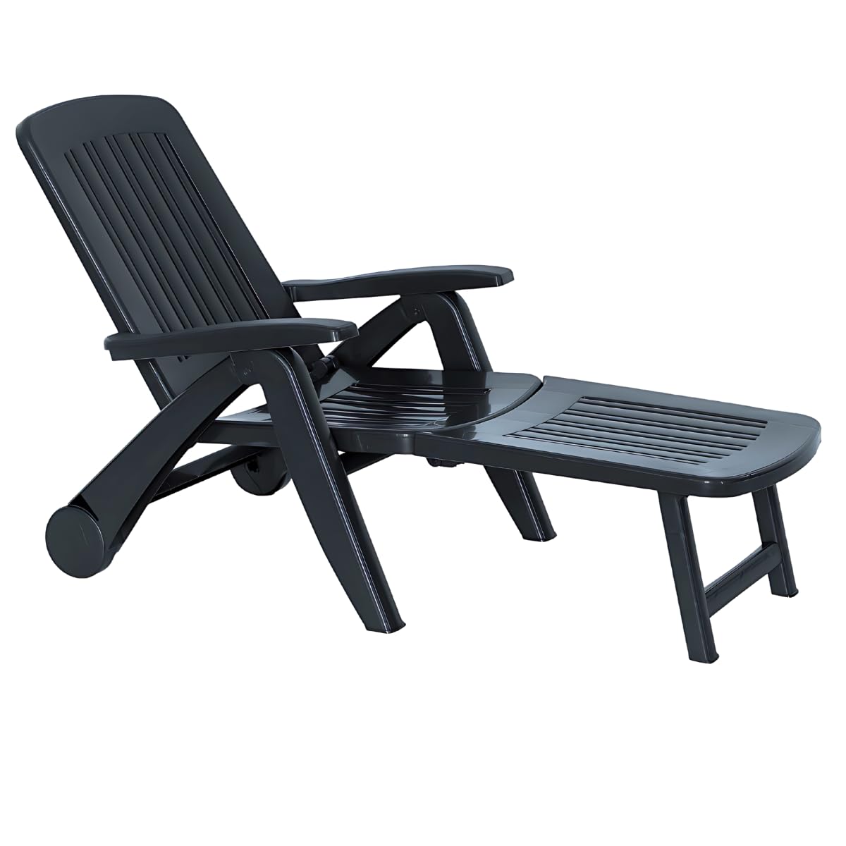 Tomaino - Tumbona de día de plástico para exterior, playa, piscina, camping, respaldo ajustable en 5 posiciones, plegable, con ruedas para fácil transporte (negro)
