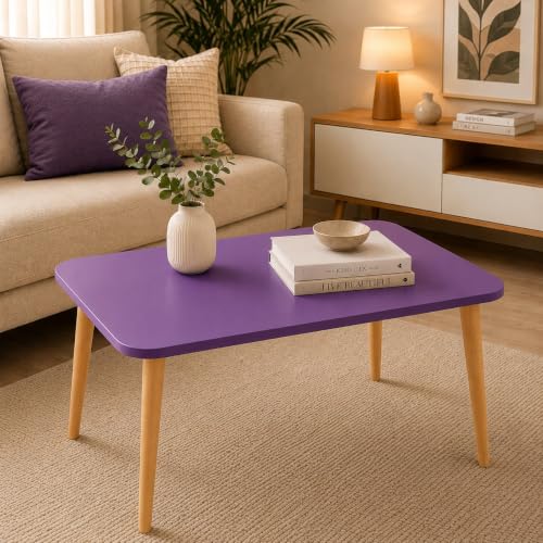 Image of Wooden Foldable Coffee Table - Rectangular Center Tea Table for Living Room & Bedroom, Easy Assembly with Solid Wooden Legs (Purple)