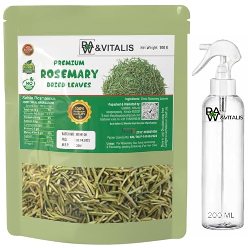 Raw & Vitalis Rosemary leaves Organic 100 Gram Free 200 Ml MiNi Trigger Spray, Dried Rosemary leaves imported from Egypt for Rose mary hair spray DIY