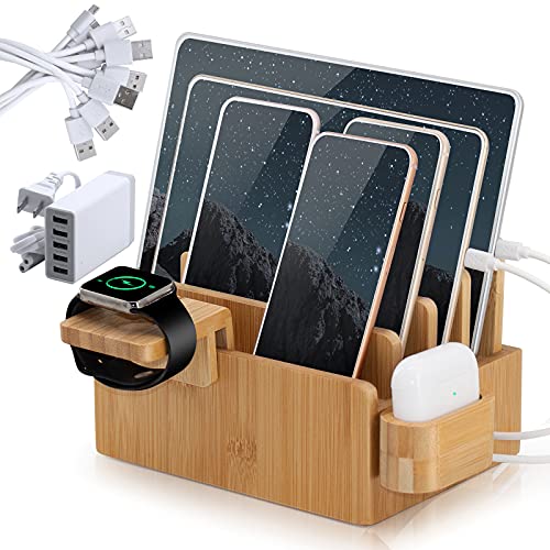 Bamboo Charging Station Organizer, Docking Station for Multiple Devices Compatible with Earbuds, Cell Phone, Tablet, Watch (Included 5 Port USB Charger, 6 Charge Sync Cables, Watch & Earbuds Stand)