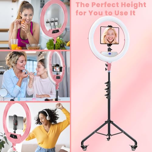 22" Foldable Ring Light with Stand for iPhone ipad, 75" Tripod with Wheels 50W 6500K LED Display/2 USB Ports Large Ringlight Rolling, Tattoo Barber Makeup Studio Video Photography Lighting(Pink)