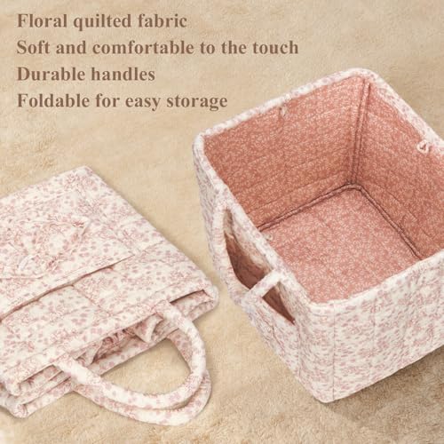 Image of Quilted Fabric Basket Foldable Car Storage Boho Floral Laundry Basket Hamper for Nursery Bedroom & Living Room | Organize Clothes Toys