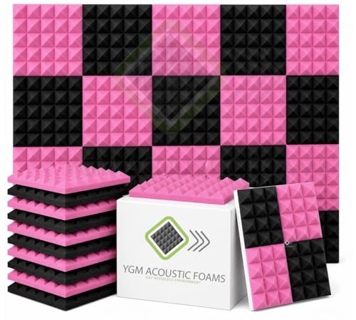 Image of YGM Acoustic Foams Pyramid Acoustic Panels 1 Footx1 Footx2inch Thick, 50 Density Acoustical Sound Proof Foam for Room, Studio, Echo Reduction & Noise Absorption (Black & Pink, Set of 108)