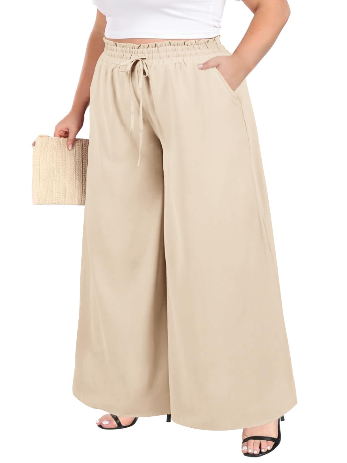Moon Wood Damen Weite Stoffhose mit Taschen Sommer Lose Palazzo Hosen Hohe Taille Lounge Elegante Hose Große Größen
