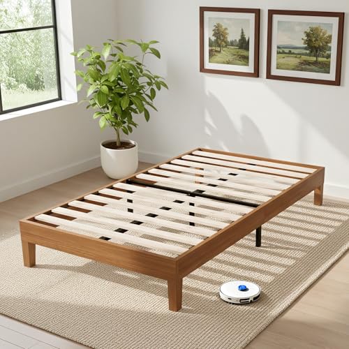 Sweetcrispy Solid Wood Bed Frame, Twin Size Bed Base with Wood Slat Support, Sturdy, Stylish & Noise-Free Design, No Box Spring Needed, Easy Assembly, Dark Brown