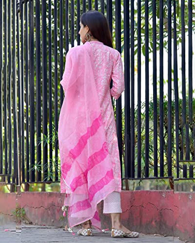 Image of GoSriKi Women's Cotton Blend Straight Printed Kurta with Pant & Dupatta