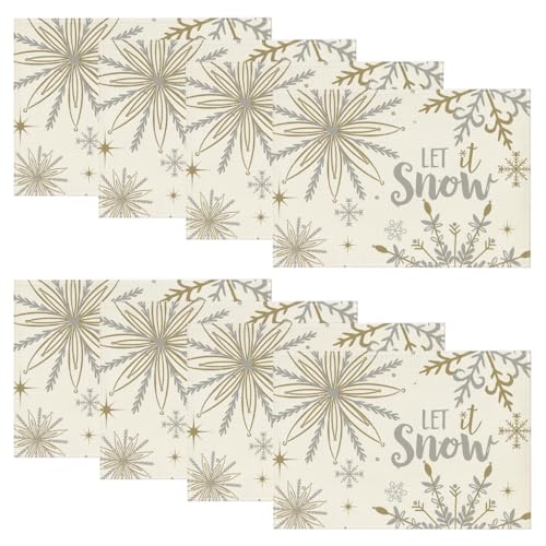 Artoid Mode Beige Snowflake Let It Snow Winter Placemats Set of 8, 12x18 Inch Seasonal Christmas Table Mats for Party Kitchen Dining Decoration