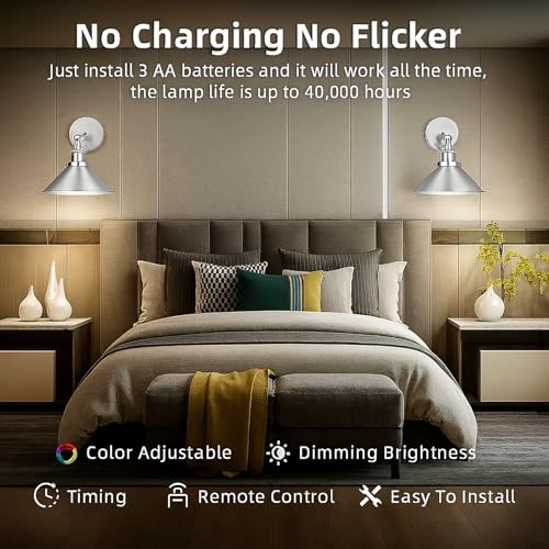 Image of Battery Operated Wall Sconce Set of 2,Vintage Wireless Wall Sconces with Remote,Dimmable Led Wall Lights,Wall Lamp Fixture Indoor Bedroom Living Room Kitchen,LED Bulbs Included,Silver