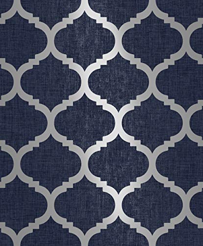 Navy Blue Wallpaper Trellis Geometric Metallic Textured Silver Wallpaper Feature Wall