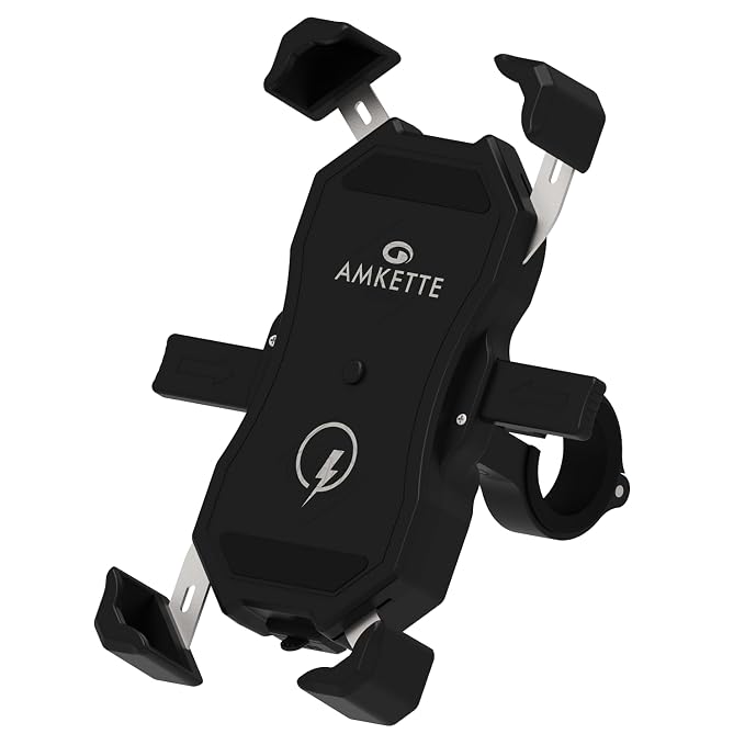 Amkette iGrip Secure Pro Bike Mobile Holder with Charger | Anti Shake Dual Mount Design | with Fast USB 3.0 Charger | One Click Lock | 360° Rotation | IPX6 Splash/Rain Proof Ideal for Maps | Black