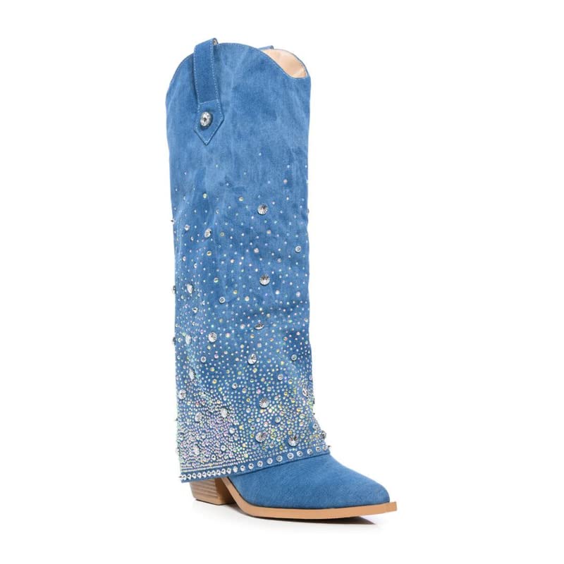 sexytag Women's Sparkly Rhinestone Cowboy Western Denim Boots Knee High Pointed Toe Pull-On Jean Boots4