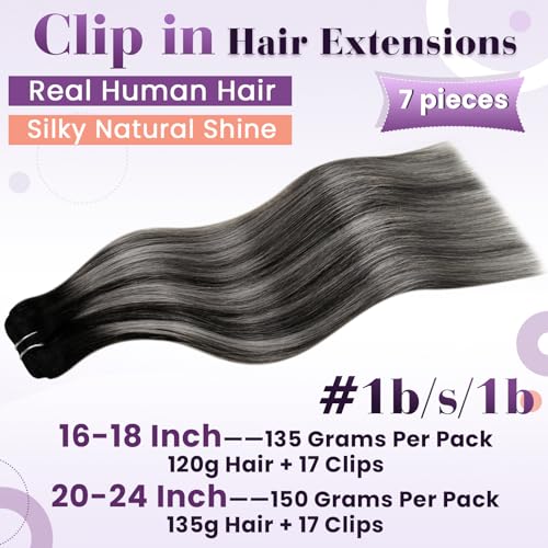 Image of LaaVoo Human Hair Clip in Extensions Ombre Black to Silver Grey Balayage Hair Extensions Clip ins Silver Balayage Human Hair Extensions Clip ins 22 Inch 7pcs /150g