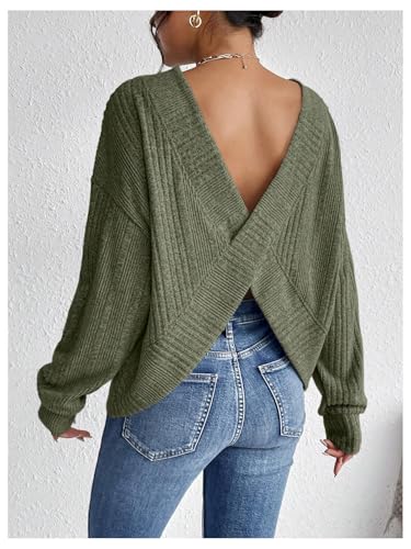 SweatyRocks Women's Criss Cross Round Neck Pullover Sweaters Long Sleeve Loose Cut Out Back Knit Tee Tops Backless Shirts3