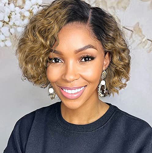 WIGER Short Human Hair Curly Wigs Ombre Curly Bob Hair