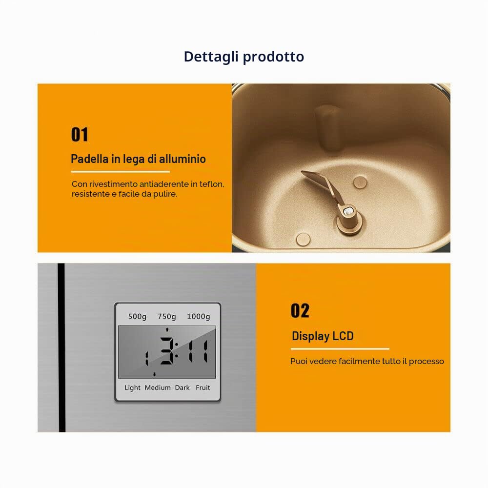Macchina per il pane 19 in 1, in acciaio inox, con pannello touch digitale, 650 W, con scatola automatica degli ingredienti