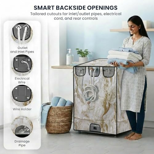 Image of Star Weaves Front Load Fully Automatic Washing Machine Cover for 8 Kg, 8.5 Kg, 9 Kg, 9.5 kg (Gold)| Waterproof & Dustproof Polyester Fabric with Zipper | Protection Cover | 63 x 63 x 93 cms