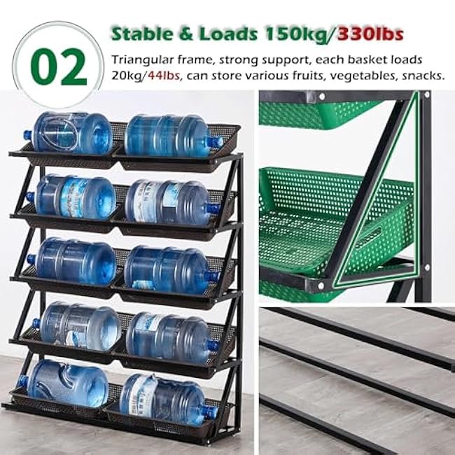 4-Tier Fruit & Vegetable Display Shelf with 4/8 Baskets, Metal Retail Rack for Supermarket, Kitchen, Store(Type B,Full)-M76uek2z