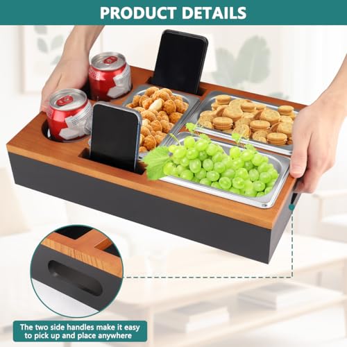 Foydream Couchbar Snackbox, Sofa Tablett Holz mit 3 Snackschalen, 2 Getränkehalter and Handyhalterung, Couch Bar Snackbar für Wohnzimmer Schlafzimmer Garten Camping, Schwarz