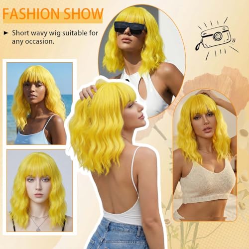 Image of Pastel Yellow Wavy Bob Wig for Women, Short Shoulder Length Synthetic Wig with Bangs, Matte Natural Realistic Look Lightweight Hairpiece, Yellow Color for Daily Wear & Cosplay Costume