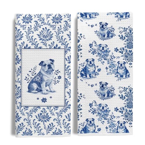 Image of Chinoiserie Pug Kitchen & Hand Towels Set of 2,Blue and White Floral Dog Dish Towel, Vintage Toile Pug Hand Towel for Farmhouse Bathroom Kitchen Decor,Dog Lover Gifts for Women