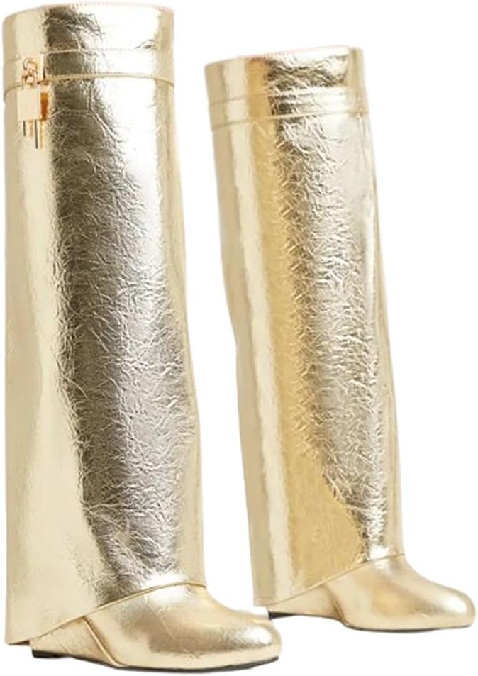 LEMONADE Women Fold Over Wedge Boots Padlock Knee High Fashion Pull On Boots