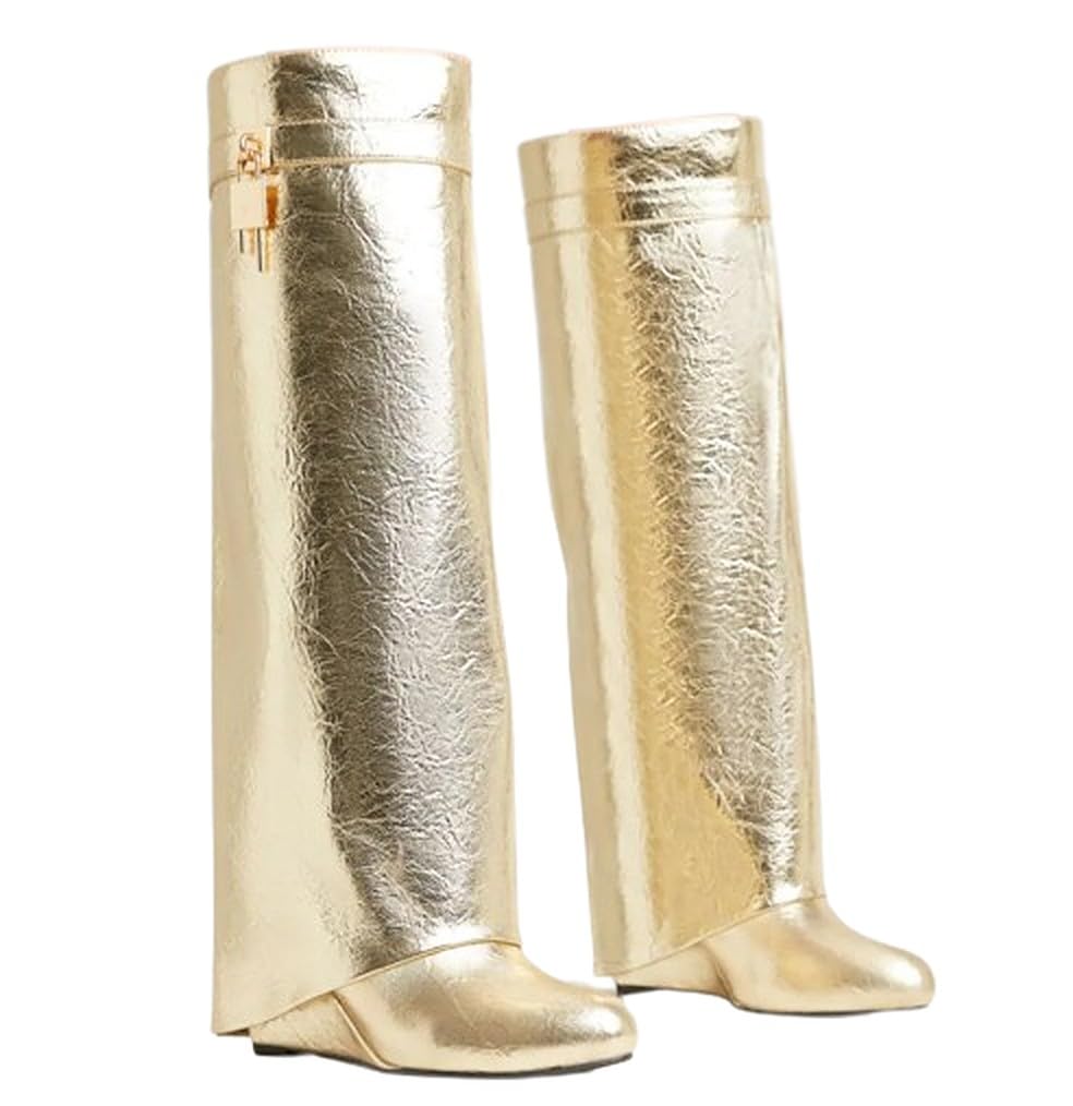 LEMONADE Women Fold Over Wedge Boots Padlock Knee High Fashion Pull On Boots