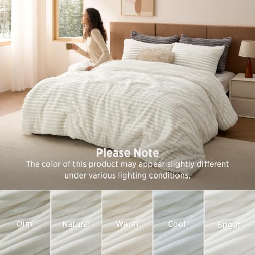 Bedsure Fluffy Comforter Set Queen Size, Cream White, 3 Piece | Warm Plush Fleece & Flannel Winter Bedding, Soft Faux Fur Comforter with 2 Pillowcases, Gift Choice, Room Decor - image 7