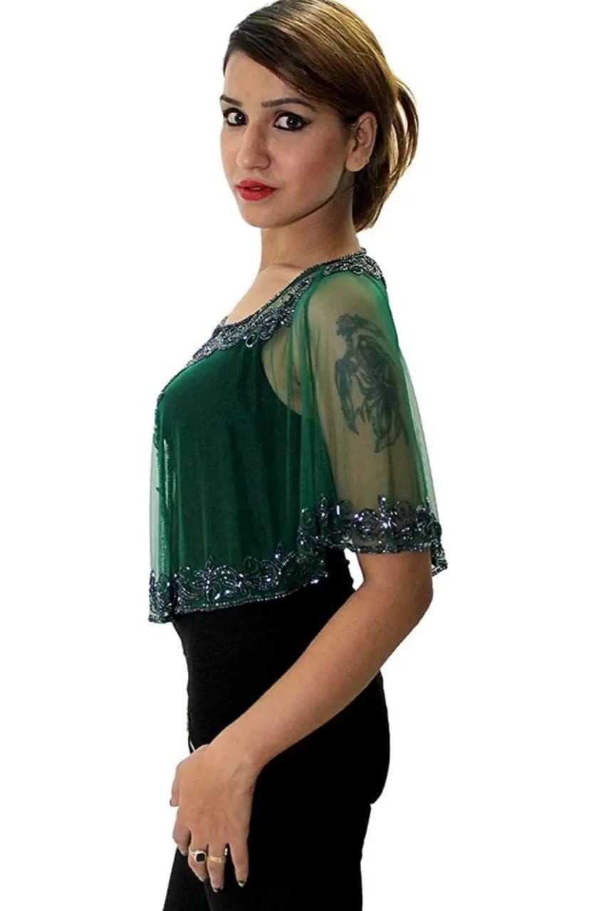 King Fashion Women Sleeves Poncho Net with Bead Embroidery Cut Shoulder Round Neck-image-37