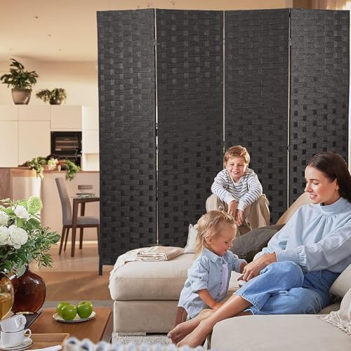 فواصل غرف مكونة من 4 ألواح، حواجز خصوصية قابلة للطي وجدار فصل محمول، تصميم شبكي منسوج يدويًا من الخيزران، فواصل غرف قابلة للتمدد (أسود)
