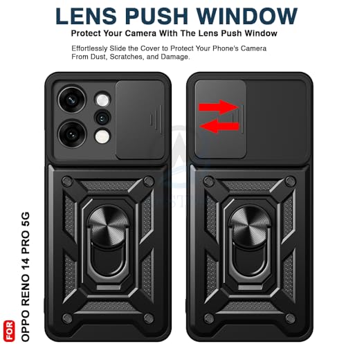 Image of AESTMO Tough Armor Oppo Reno 14 Pro 5G Bumper Back Case Cover | Ring Holder & Sliding Camera Shield Cover | 360 Degree Protection Back Case Cover for Oppo Reno 14 Pro 5G (Black)