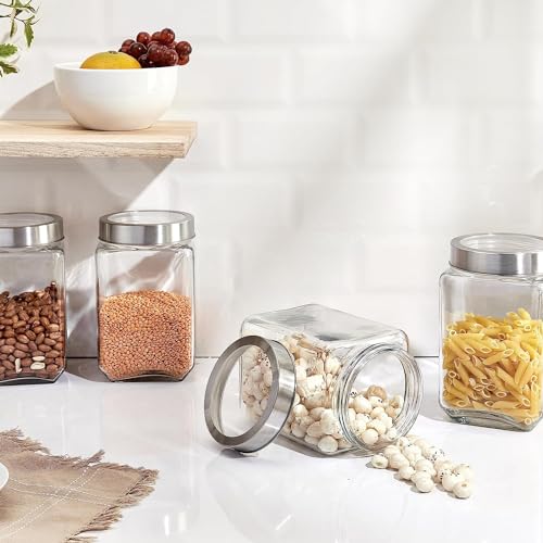 Image of CROCO JAR Square Glass Storage Containers 650ml | Transparent Airtight Kitchen Jars with Steel Lid | Cubical Glass Jars for Pantry, Snacks, Dry Fruits, Masala, Pickle & Coffee Beans | Pack of 6