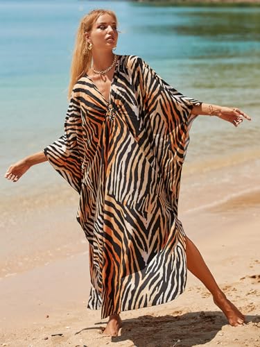 Image of IMAGEKOPE Women's Plus Size Animal Print V-Neck Batwing Kaftan Beach Dress Bathing Suit Cover-Up Loungewear
