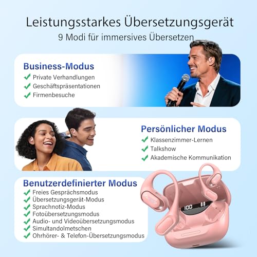 KI Übersetzer Kopfhörer 4-in-1, Echtzeit Sprachübersetzer kopfhörer, 164 Sprachen & 7 Modi, Übersetzer Ohrhörer Bluetooth 5.4 mit APP, 50H Übersetzungs Ohrhörer für Geschäft, Lernen, Reisen (Magenta)