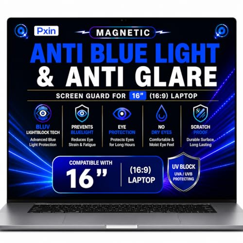 Image of Pxin Magnetic Laptop Anti Bluelight and Anti Glare Screen Guard compatible with 16 Inch (16:9) Laptop | BLUV Lightblock Tech | Scratch Proof | Prevents bluelight | Eye Protection | No Dry Eyes