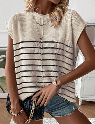 Image of Zeagoo Sleeveless Tops for Women Crew Neck Knit Cute Summer Sweaters Stripes Cream X-Large
