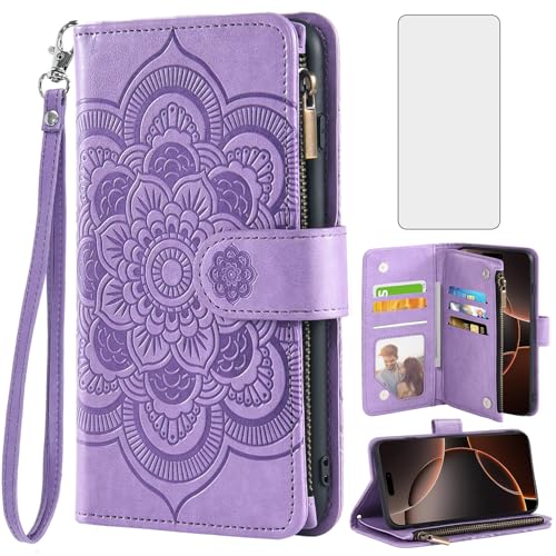 Étui portefeuille iPhone 16 Pro Asuwish en cuir à rabat floral avec verre trempé 6,3 pouces