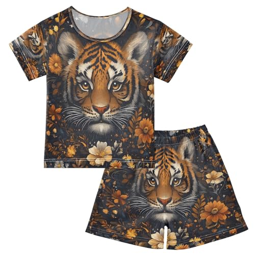 ALAZA Tiger Floral Night Flower Pajamas Set Short Sleeve Cotton Sleepwear Summer Pjs 2 Piece 5-14Y