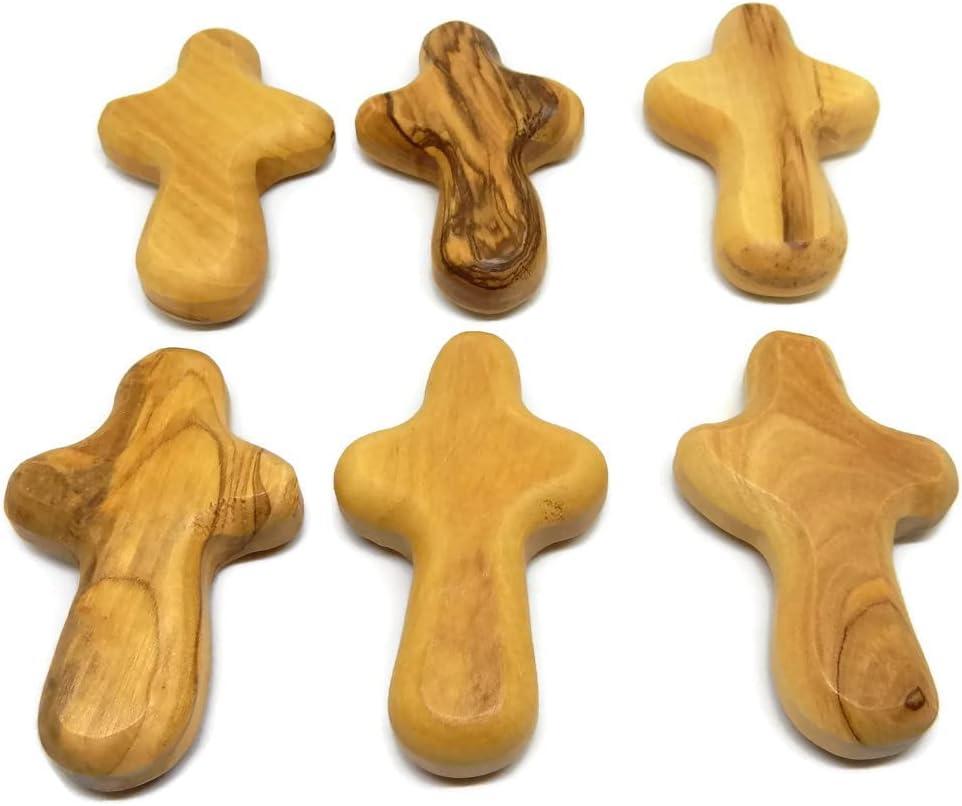 Set of 6 Mini Olive Wood Holding Comfort Crosses | Christian Prayer Cross | Handheld Design | Comfortably Fits in Your Hand | Wwith Explanation Card
