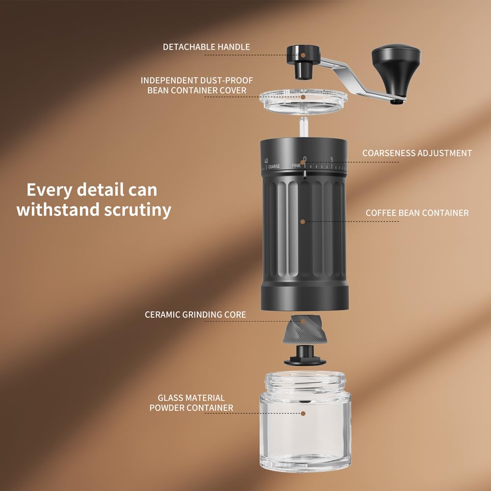 Ręczny młynek do kawy z regulacją grubości, składanym uchwytem i mechanizmem stożkowym ze stali nierdzewnej, przenośny z szklanymi słoikami do espresso i prasą
