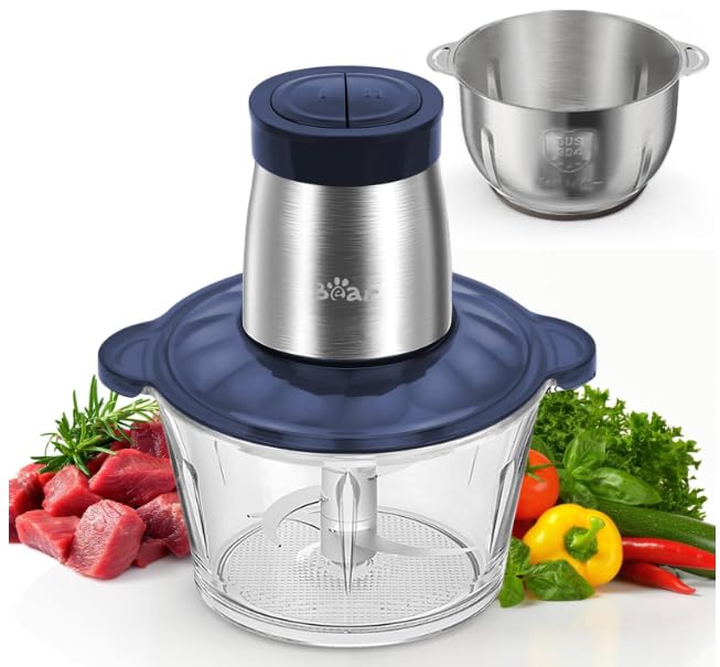Hachoir Électrique Bear 300W - 2 Bols En Verre (0,6L + 2L), 4 Lames Inox, 2 Vitesses