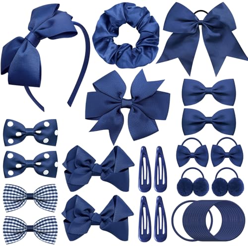 Yueshop 50Pcs Navy Blue Girls School Hair Accessories Kit Bow Hair Cips Ponytail Holder Elastics Headband Hair Ties Baby Hair Barrettes for Girls Christmas Birthday Gift