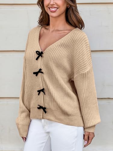 Image of CUPSHE Womens Sweaters Bow Sweater Neck Casual Long Sleeve Lightweight Crochet Pullover Sweater Tops