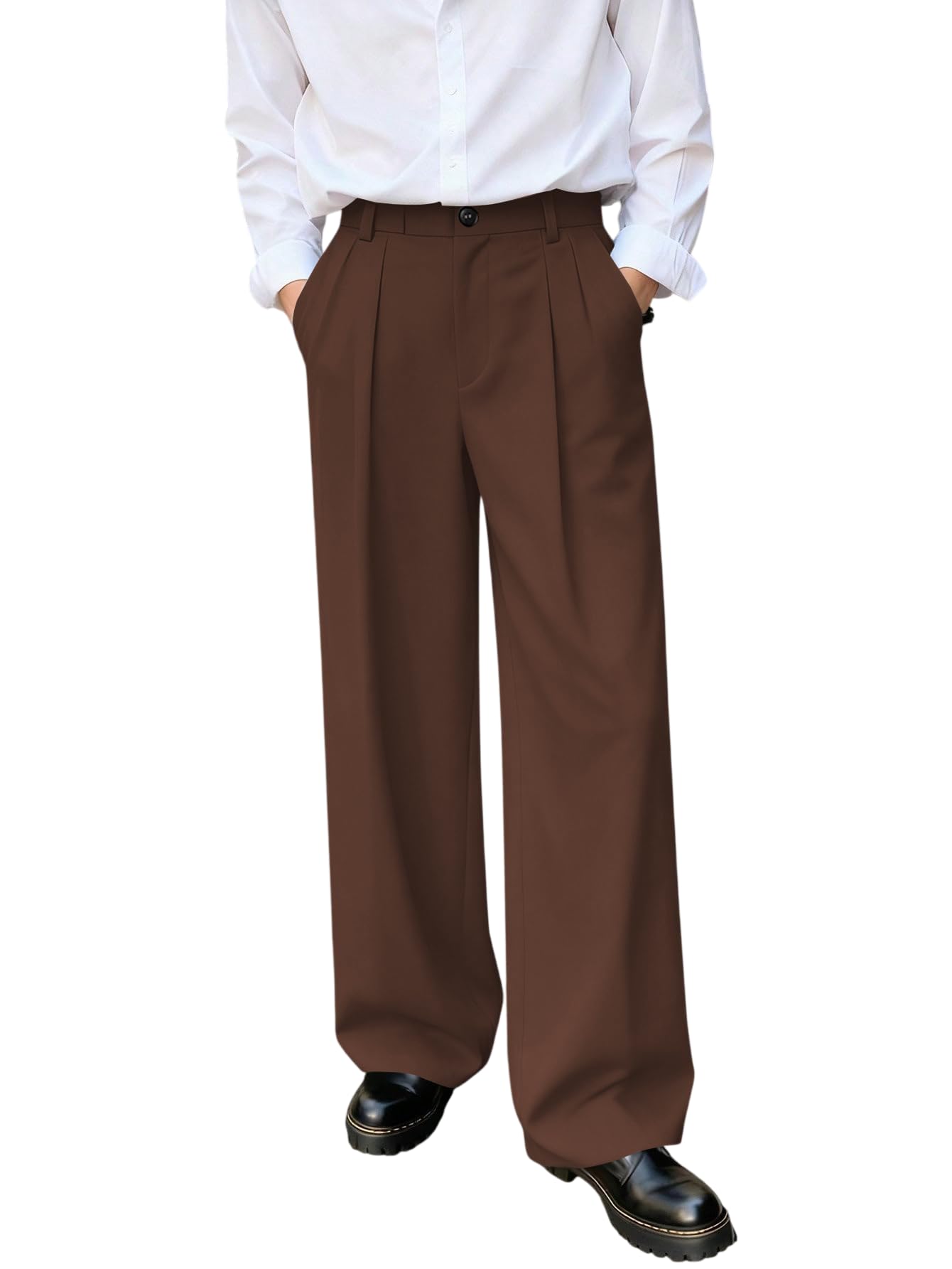 avix Men's Wide Leg Pleated Trousers, Black, Loose Fit Straight Leg Dress Pants (in, Alpha, L, Coffee)-picture-34
