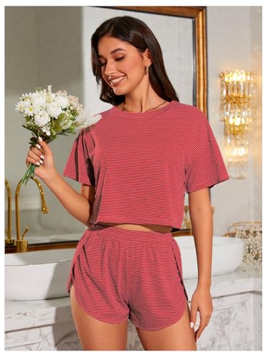 Image of OYOANGLE Womens Pajama Sets 2 Piece Sexy Lounge Sets Summer Cute Pjs Striped Print Tee and Side Split Shorts Set